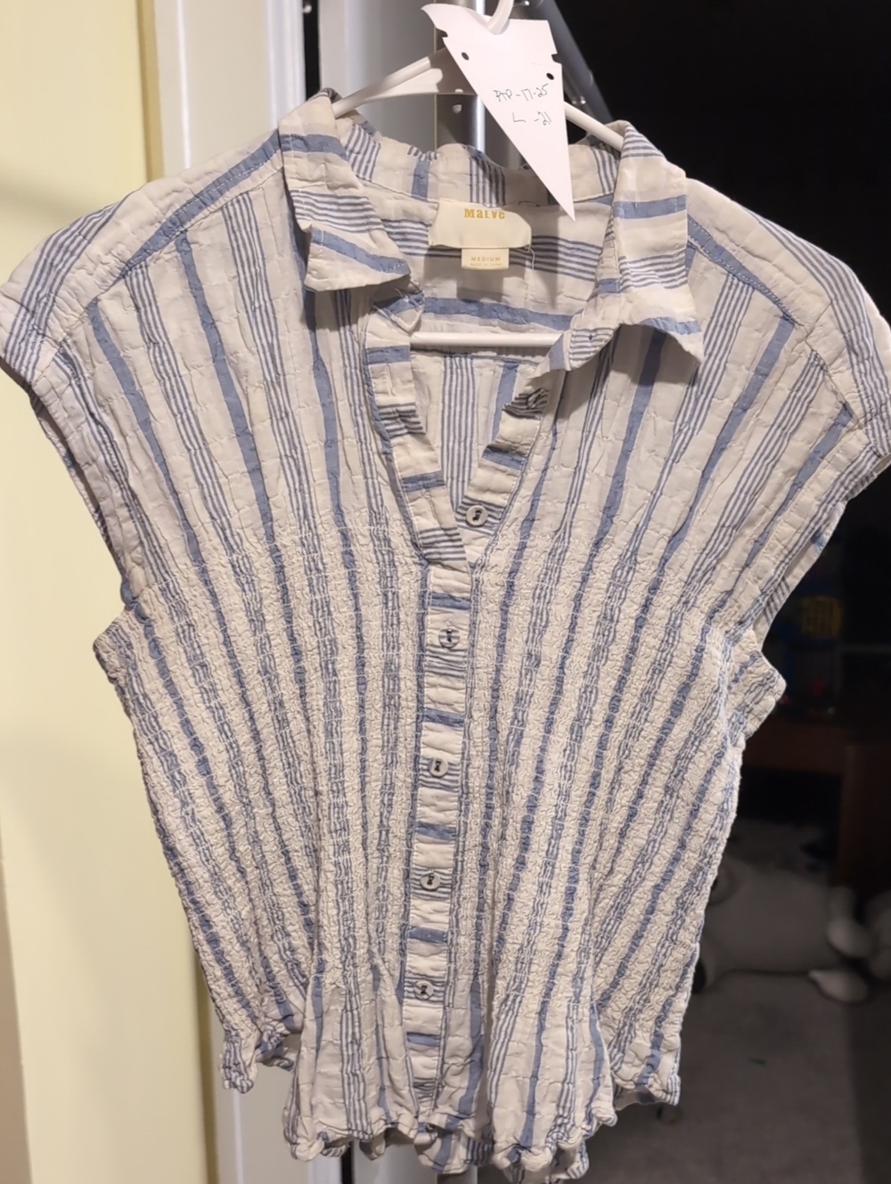 Maeve White and Blue Vertical Stripe Button-Down Cap Sleeve Top